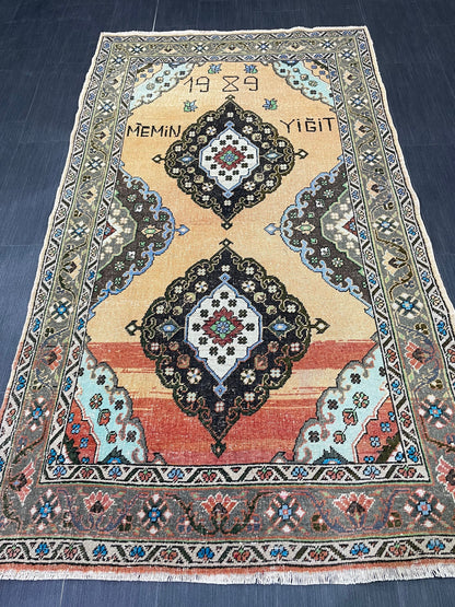 Vintage Oushak Rug 4x7 Rug Muted Vintage Turkish Rug Wool Oriental Rug Hand Made Rugs Vintage Kitchen Rug Muted Persian Wool Rug
