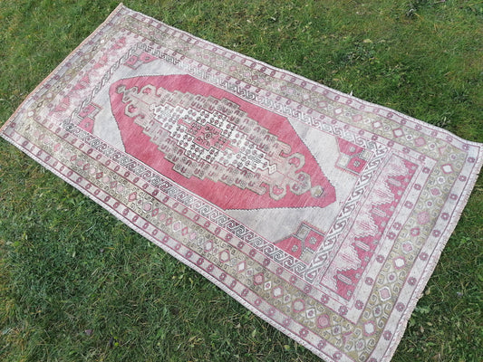 4'3x8'6 turkish pastel oushak rug, green vintage wool rug, handmade living room rug, kitchen rug bohemian rug