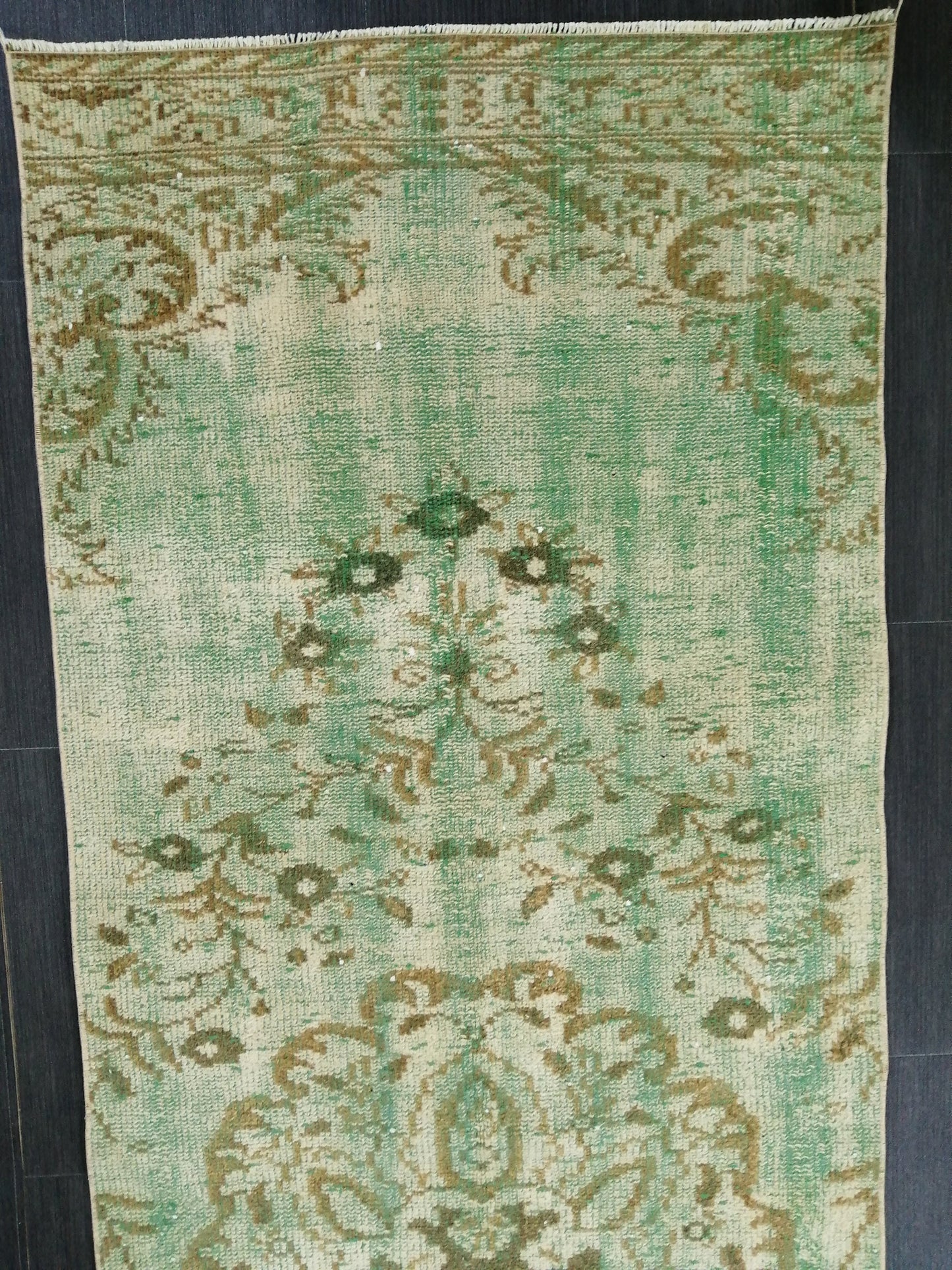 Green Oushak Runner Rug  2.9 x 9.2 Distressed Turkish Rug Runner  Vintage Runner Rug Hallway Runner Rug Kitchen Runner