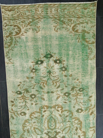 Green Oushak Runner Rug  2.9 x 9.2 Distressed Turkish Rug Runner  Vintage Runner Rug Hallway Runner Rug Kitchen Runner