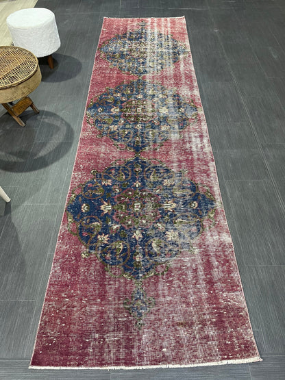 DISTRESSED Oushak Runner Rug, Turkish Runner 2.9 x 12.2 Rug, Vintage Runner Rug, Hallway Runner Rug, Kitchen Runner Rug, Wool Runner Rug