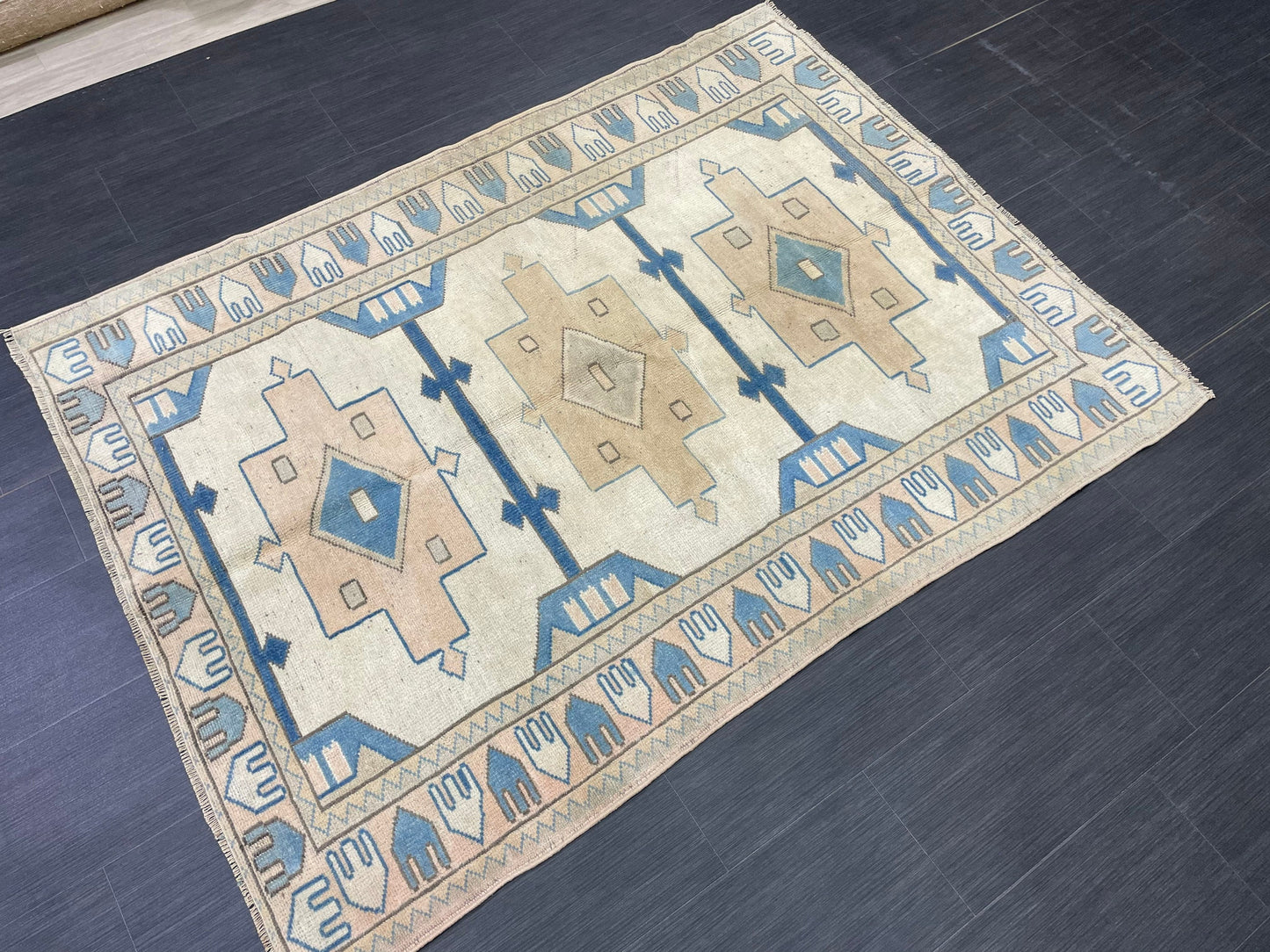 Vintage Blue Rug Muted 4.6 x 6.3 Vintage Rug Wool Light Blue Oushak Rug Hand Made Rugs Vintage Turkish Rug Living Room Rug