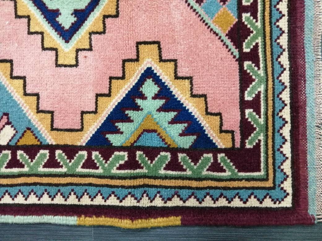 3 x 4.5 PINK AND NAVY Rug Hand Made Rug, High Pile Oushak Rug,  Boho Rug, Oriental Rug Plush Turkish Rug, Farmhouse Rug, Vintage Wool rug