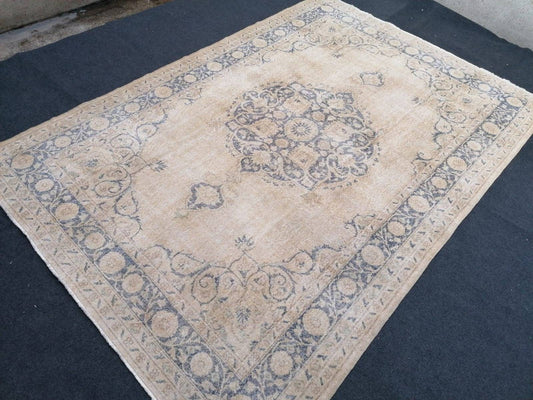 7x10'2 large oushak rug, vintage blue rug, muted turkish rug, hand made vintage wool rug, living room rug, bohemian rug