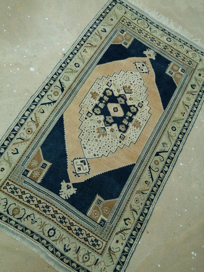4.4 X 9.8 Vintage RUG Navy Blue TURKISH Oushak Rug Vintage Oushak Runner Rug  Wool Oushak Rug Hand Made Rugs  Turkish Rug