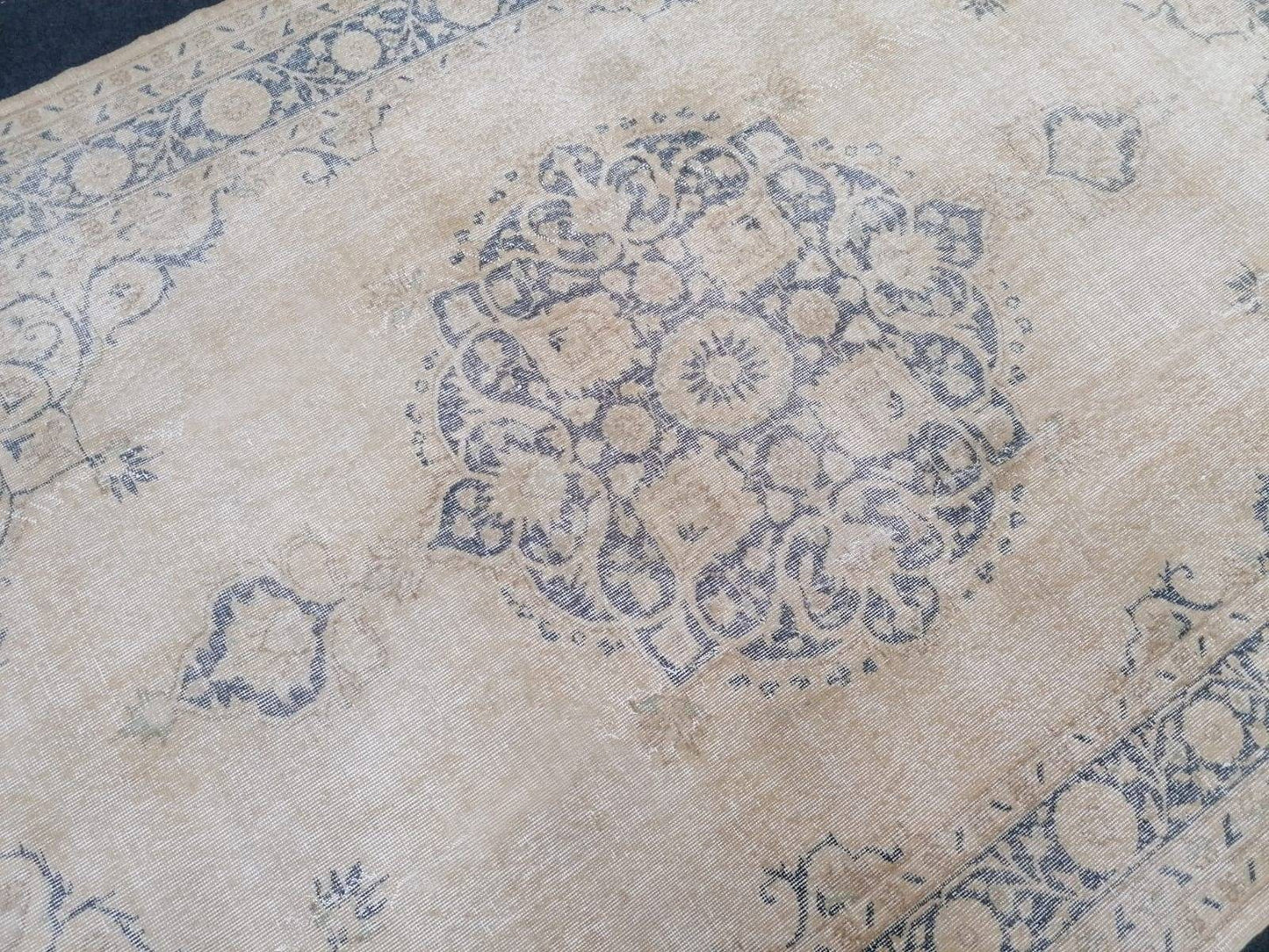 7x10'2 large oushak rug, vintage blue rug, muted turkish rug, hand made vintage wool rug, living room rug, bohemian rug