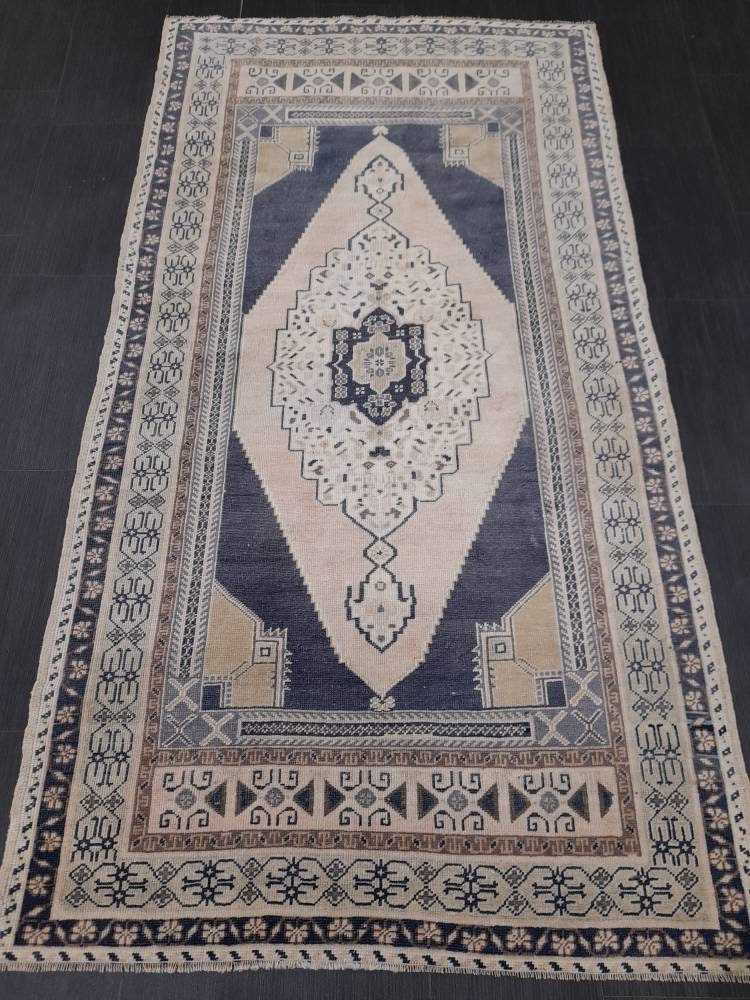 Vintage Hand Knotted Rug 3.9 x 7.4 Blue Oushak Rug Muted Rug, Vintage Turkish Rug, Oriental Rug, Vintage Rug,Soft Wool Navy Rug