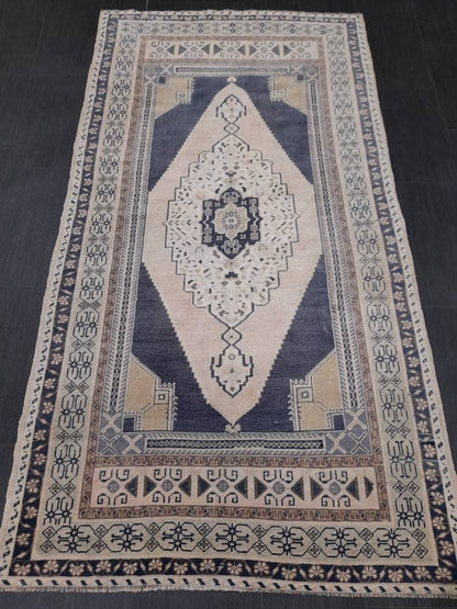 Vintage Hand Knotted Rug 3.9 x 7.4 Blue Oushak Rug Muted Rug, Vintage Turkish Rug, Oriental Rug, Vintage Rug,Soft Wool Navy Rug