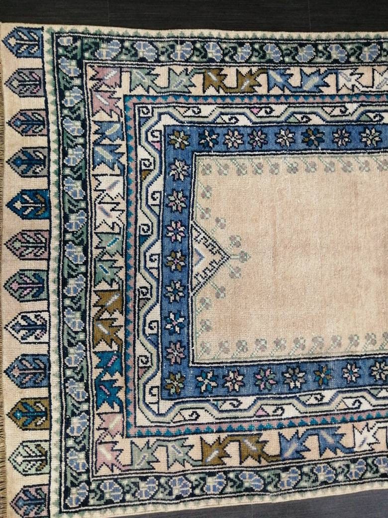 Muted Turkish Vintage Hand Made Rug, 3.7 x 7  Oushak Rug, Rustic Rug, Muted Rug, Vintage Turkish Rug, Farmhouse Rug, Vintage Rug, Wool rug