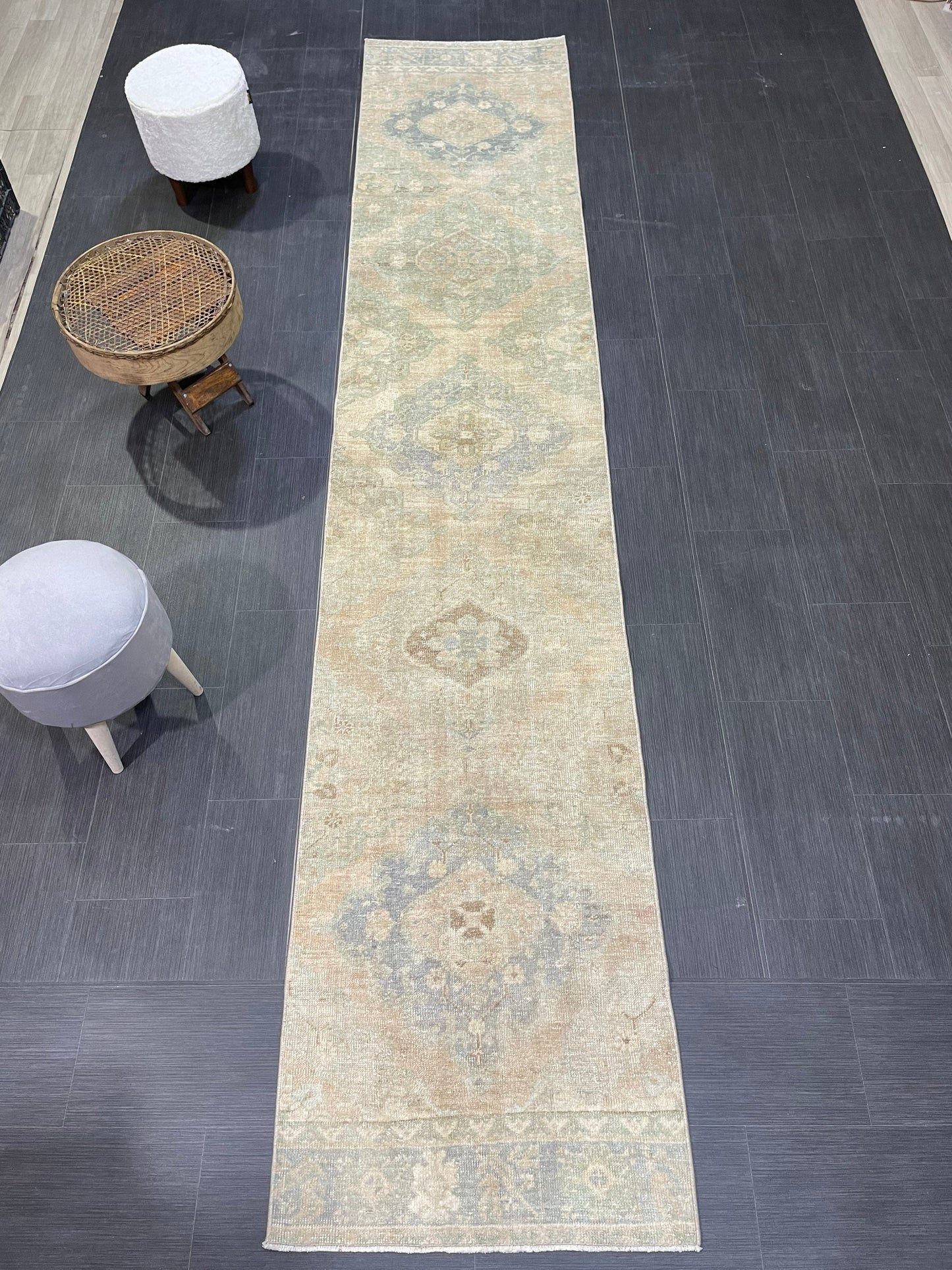 Muted Vintage Runner Rug, Handmade 2.6 x 12.8 Runner Rug, Turkish Runner Rug, Hallway Runner Rug, Persian Kitchen Runner Hand Knotted Runner