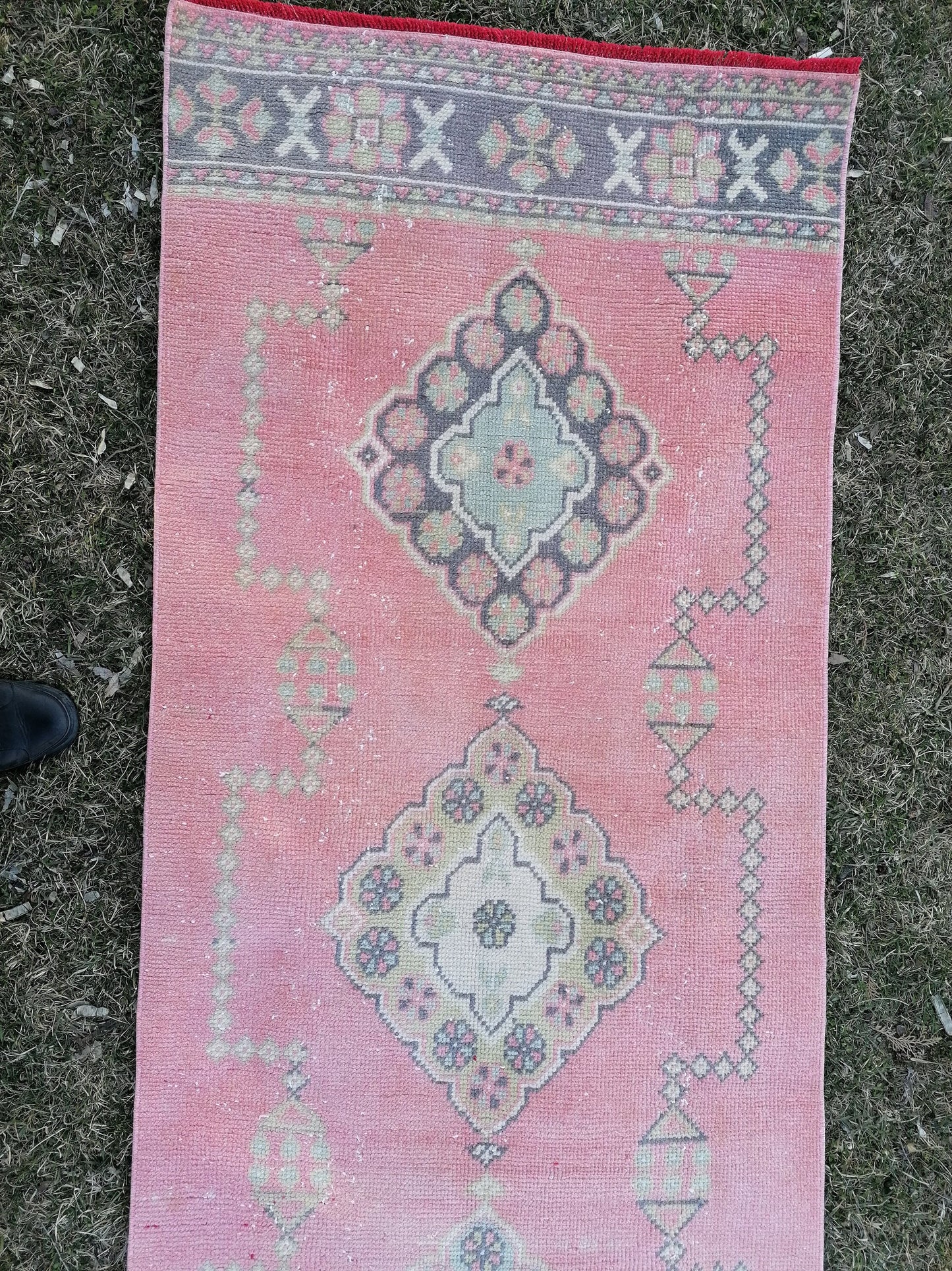 Vintage runner rug 2.10 x 22.10 pink runner rug, oushak wool handmade runner