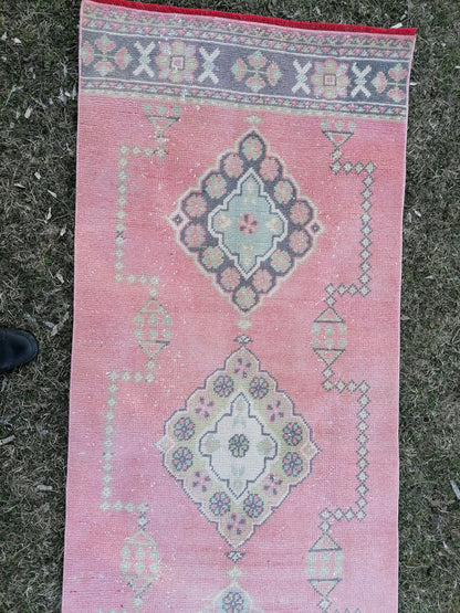 Vintage runner rug 2.10 x 22.10 pink runner rug, oushak wool handmade runner