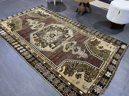 Antique Rug, TURKISH RUG, VINTAGE Rug, Living Room 3.7 x 6.3 Rug, Oushak Rug, Handmade Rug,Brown and Black rug, Persian Rug, farmhouse rug