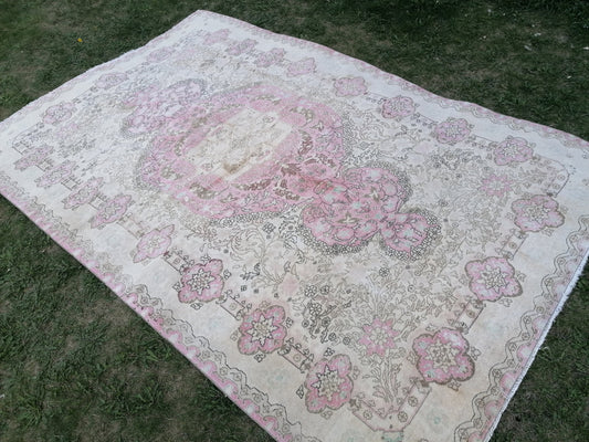Pınk color vıntage rug, turkısh rug, oushak rug, 6'5x10' feet oushak rug
