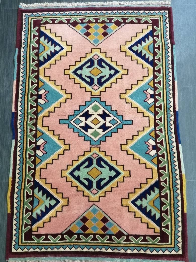 3 x 4.5 PINK AND NAVY Rug Hand Made Rug, High Pile Oushak Rug,  Boho Rug, Oriental Rug Plush Turkish Rug, Farmhouse Rug, Vintage Wool rug