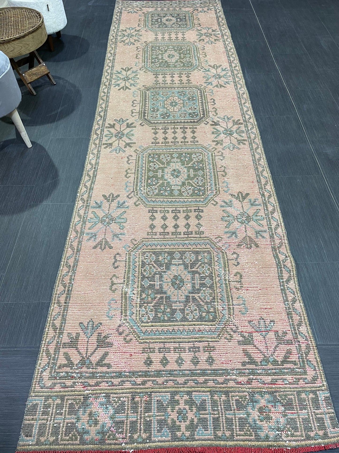 Antique Oushak Runner Rug, Vintage 3 x 11.3 Runner Rug, Hallway Runner Rug, Distressed Runner Rug, Wool Runner Rug, Handmade Runner