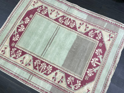 Turkish Rug, Hand Knotted 4x5 Rug, Brown Vintage Rug, Wool Muted Oushak Rug Handmade Rugs Vintage Turkish Rug, bathroom Rug