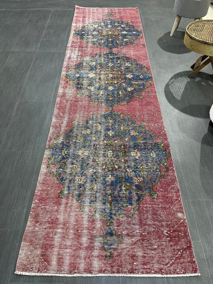 DISTRESSED Oushak Runner Rug, Turkish Runner 2.9 x 12.2 Rug, Vintage Runner Rug, Hallway Runner Rug, Kitchen Runner Rug, Wool Runner Rug