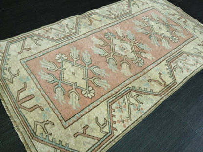 Vintage PINK Rug Hand Made Rug, 2.4 x 4.3  Vintage Oushak Rug, Boho Rug, Plush Turkish Rug, Farmhouse Rug, Vintage Wool rug