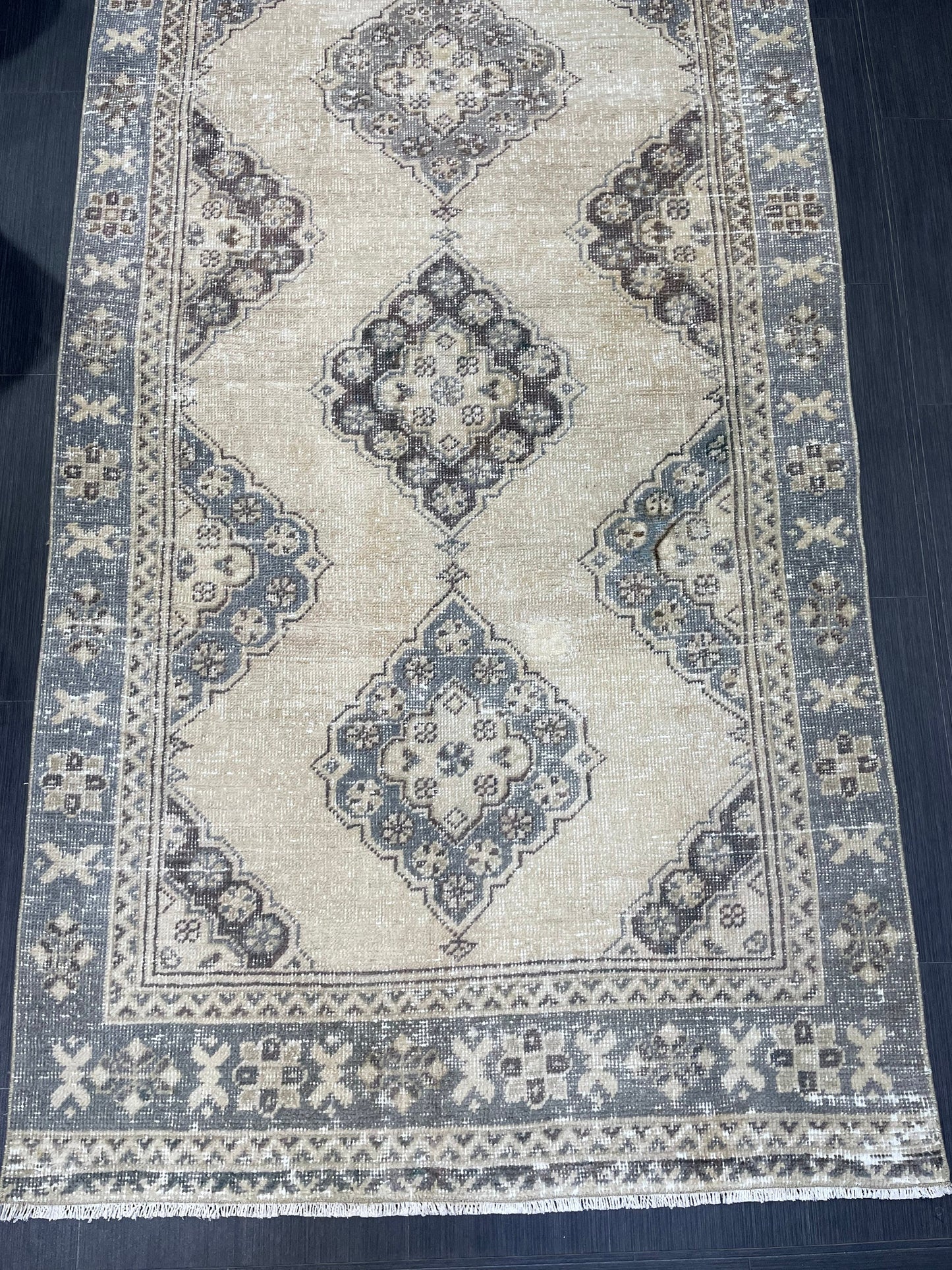 Hand Knotted Runner Rug Turkish Runner 3.8 x 10.8 Rug Vintage Gray Blue Runner Rug Hallway Runner Kitchen Runner Country modern Runner Rug