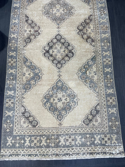 Hand Knotted Runner Rug Turkish Runner 3.8 x 10.8 Rug Vintage Gray Blue Runner Rug Hallway Runner Kitchen Runner Country modern Runner Rug