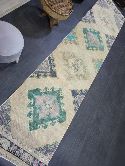 Antique Handmade Runner RUG, TURKISH Oushak 2.10 x 12.7 Rug, Vintage Runner Rug,Vintage Runner Rug Wool Oushak Rug Hand Knotted Rug
