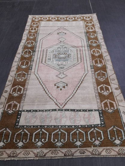Turkish Rug Pink and Brown Oushak Rugs 3.5 x 6.2 Rug Wool Oriental Rug Hand Knotted Rug Small Farmhouse Rug, Vintage Rug Hand Made Rug