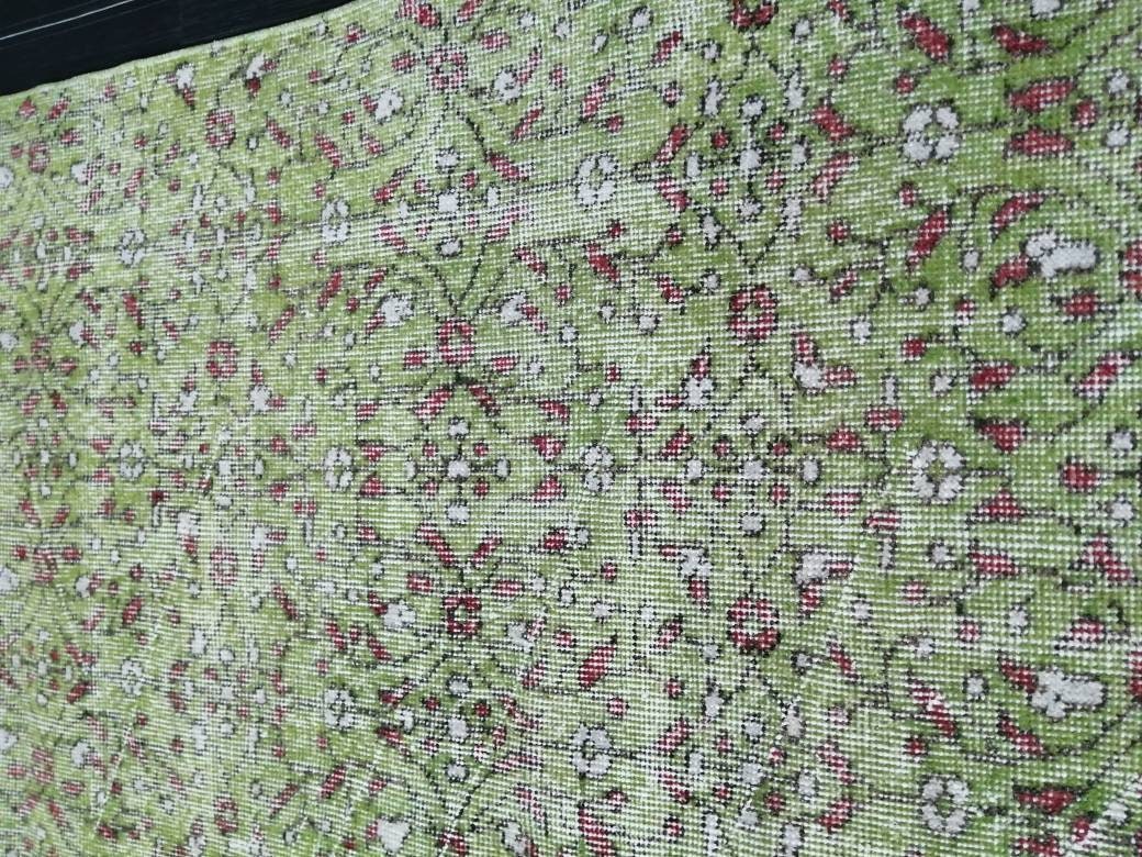 Vintage Green Rug Hand Made Rug, 3.6 x 6.5  Modern Oushak Rug,  Boho Leaves Rug, Fun Turkish Rug, Farmhouse Rug, Vintage Wool rug