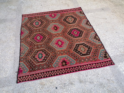 5'9x5'5 flatwoven with embroidery rug turkish hand made rugs vintage turkish rugs oushak rug vintage oushak rug, wool rug