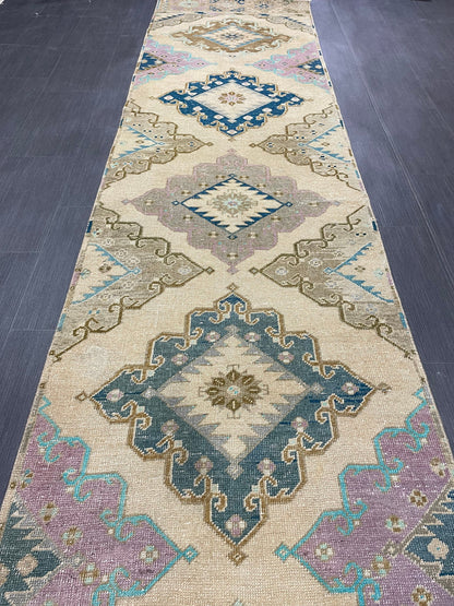 Hand Knotted Vintage Runner Rug 2.9 x 13.3 ft Muted Turkish runner rug Oushak Runner Hallway Rug runner Hand Knotted Star Runner Rug