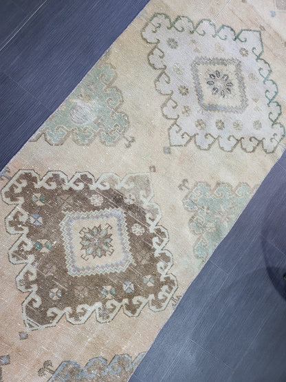 Distressed VINTAGE Rugs, Handmade Runner Rug, Oushak 2.8 x 12.10 Runner Rug, Rustic Runner Rug, Antique Rug, Turkish Rug, Farmhouse Rug,