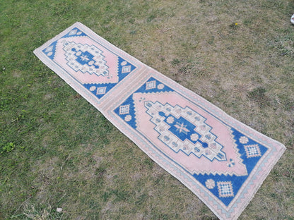 Blue pillow runner rug 1'10x7 hallway vintage rug, entryway hand made rug, kitchen runner