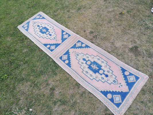 Blue pillow runner rug 1'10x7 hallway vintage rug, entryway hand made rug, kitchen runner
