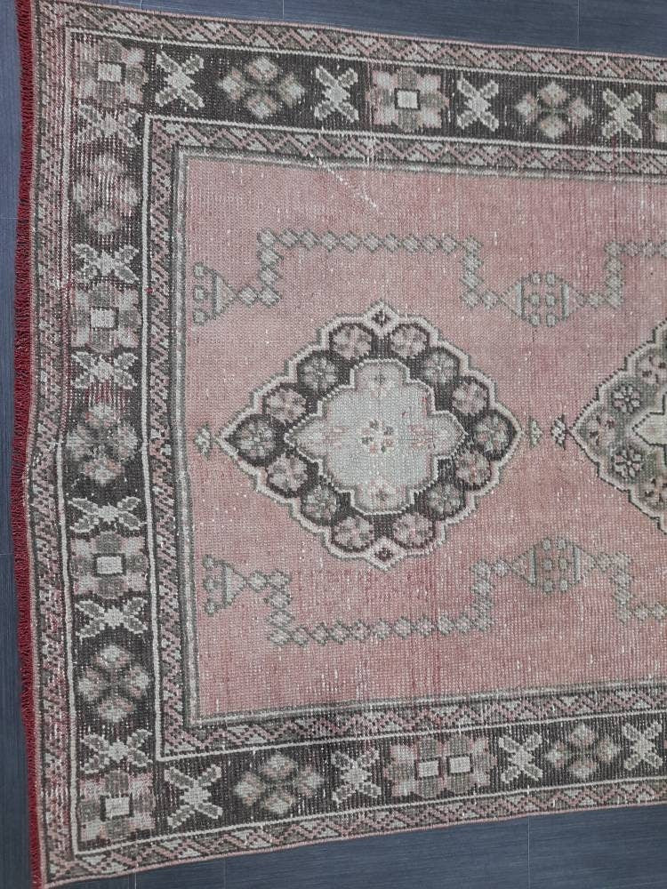 Muted Turkish Runner Rug 4.2 x 11 Muted Vintage Runner Rug Hand Made Runner Rug Pink Vintage Runner Rug Hallway Runner Rug Distressed Runner