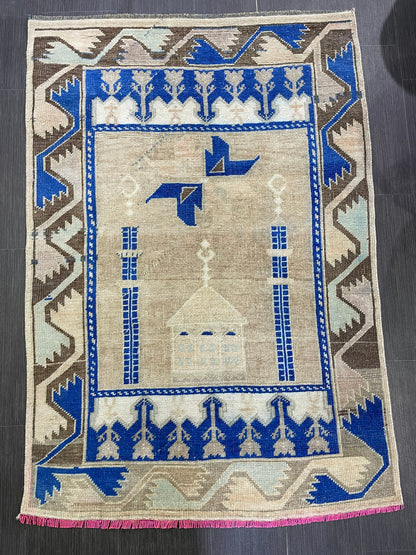 Muted Rugs, Handmade 3.3 x 5 Rug, Blue Oushak Rug, Rustic Rug, Hand Knotted Turkish Rug, Farmhouse Rug, Vintage Rug, Wool rug