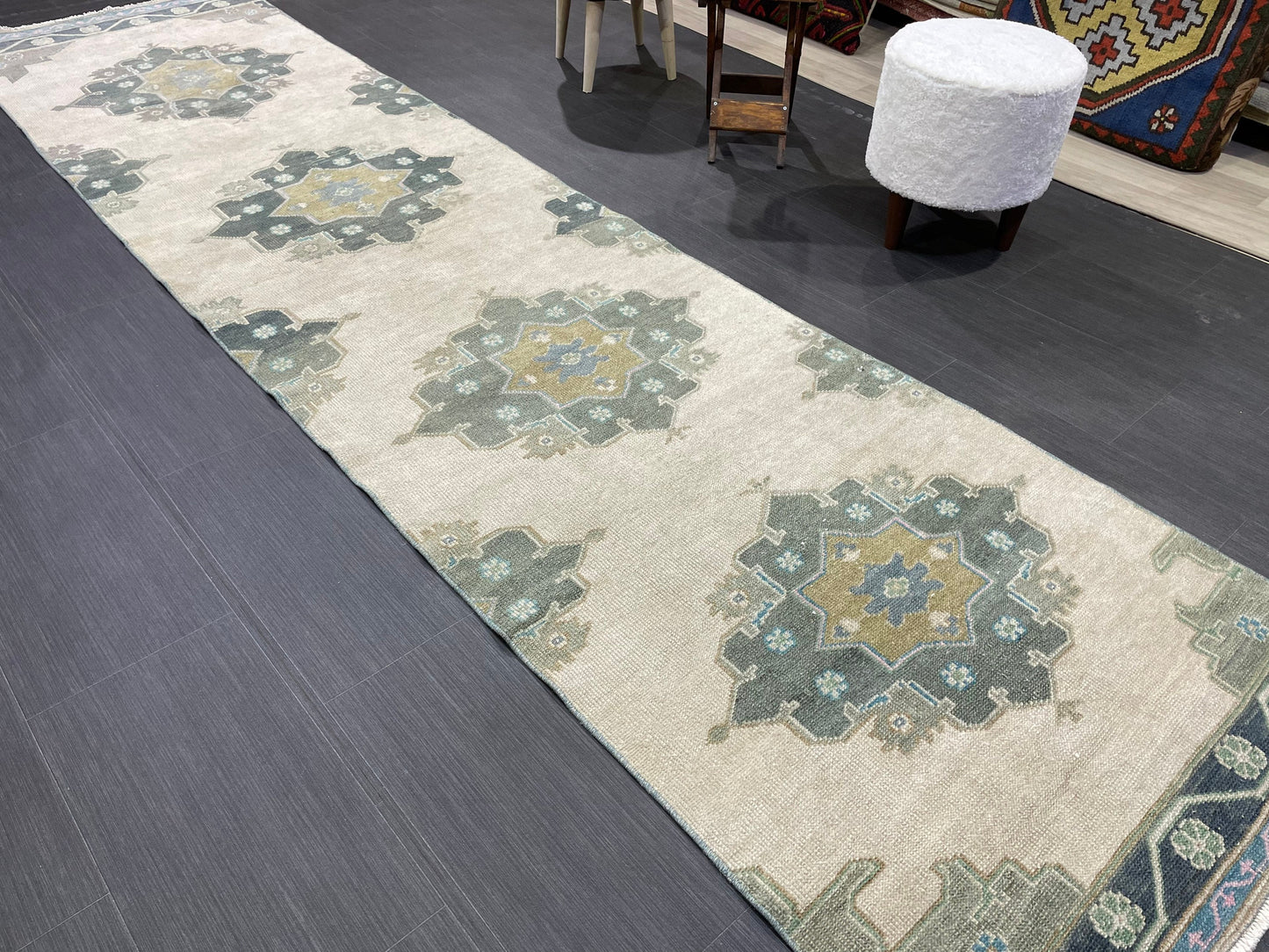 Muted Handmade Runner Rug Turkish Runner 2.7 x 11 Rug Vintage Runner Rug Hallway Runner Rug Kitchen Runner Rug Green Hand Knotted Runner