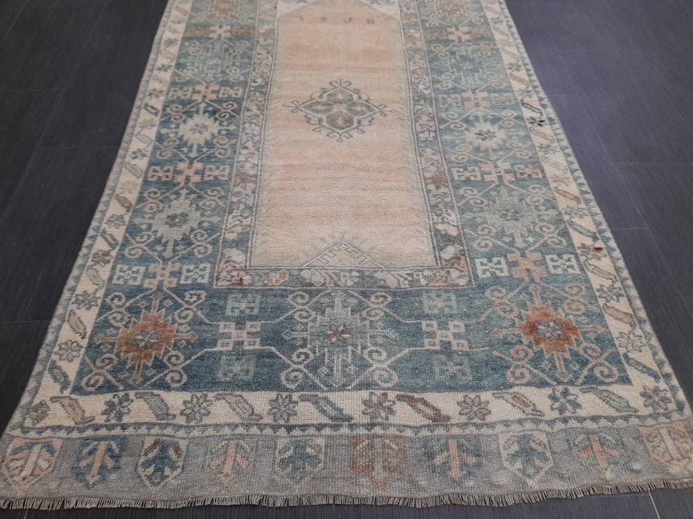 Muted Vintage RUG 3.7 x 6.6 TURKISH Rug Distressed Vintage  Rug Wool Oushak Rug Large Hand Made Rugs Vintage Turkish Rug Hand Knotted Rug