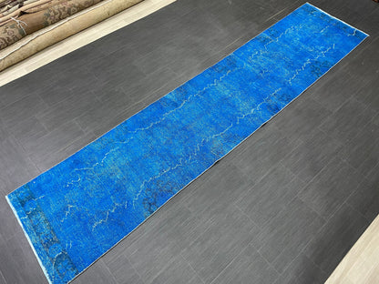 Blue Oushak Runner Rug 2.6 x 11.6 Turkish Runner Rug  Overdye Vintage Runner Rug Hallway Runner Kitchen Runner Rug Wool Staircase Runner Rug