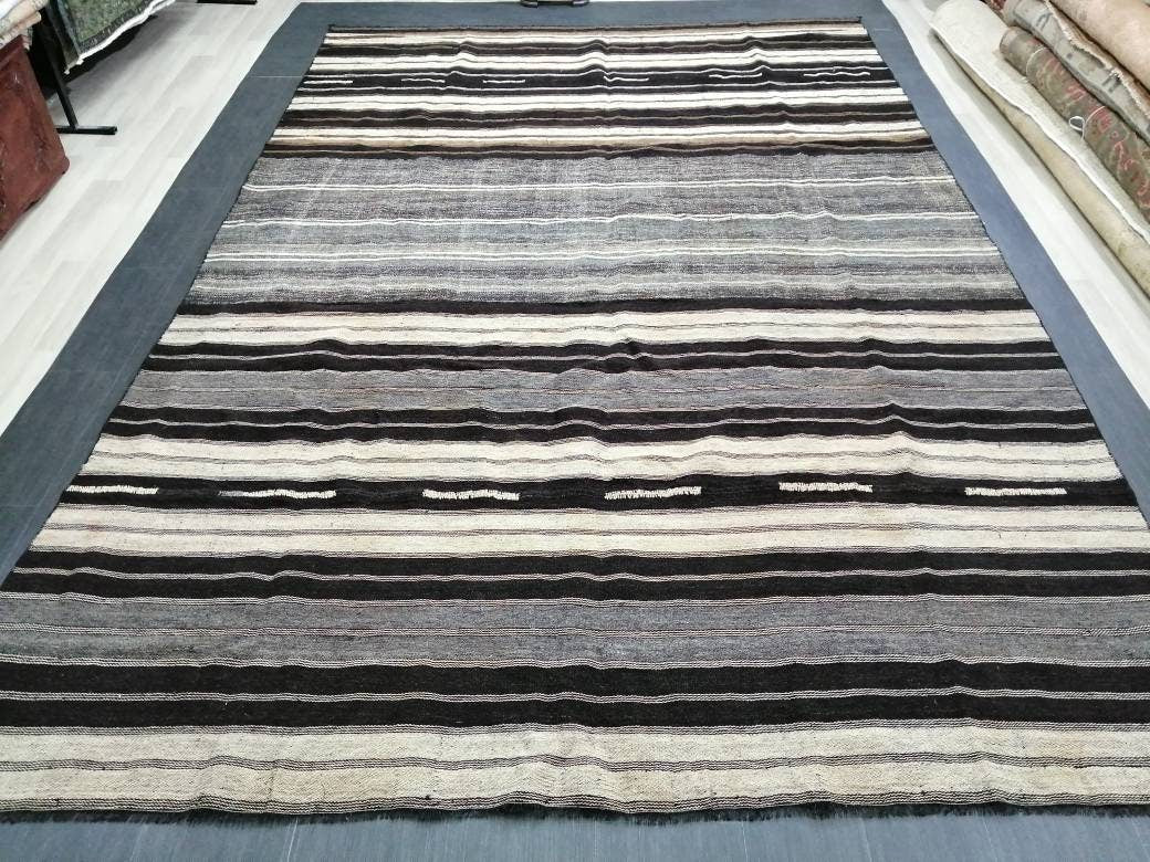 8 x 12.2 Neutral Turkish Flat woven Rug, No Dye Flatweave Carpet , Stripped Flatweaving, Rustic Rug, Farmhouse Rug, Dark Oushak 8x12 rug