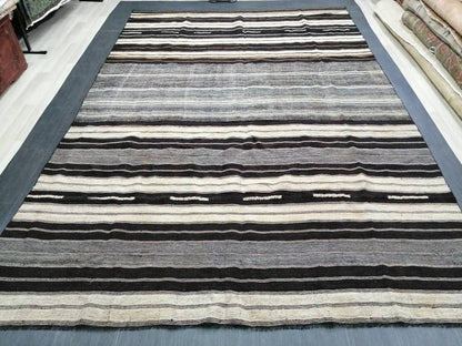 8 x 12.2 Neutral Turkish Flat woven Rug, No Dye Flatweave Carpet , Stripped Flatweaving, Rustic Rug, Farmhouse Rug, Dark Oushak 8x12 rug