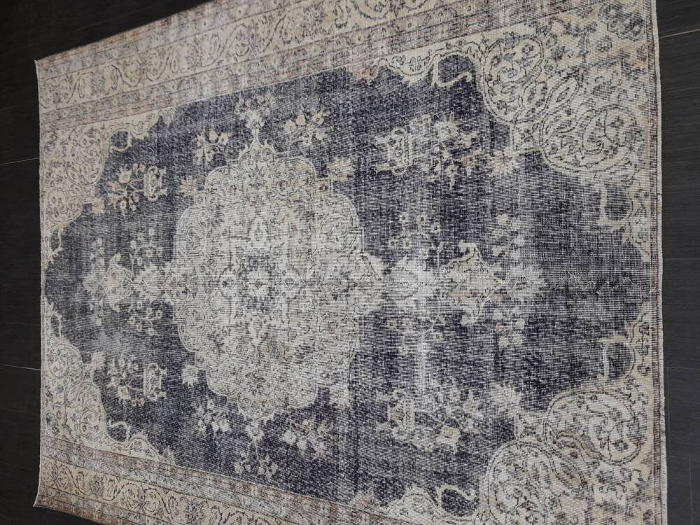 TURKISH HAND Knotted Rug 6.5 x 8 Vintage Turkish Rug Oushak Rug Traditional Rug Oriental Blue Rug Muted Vintage Floral Rug Elegant Wool Rug