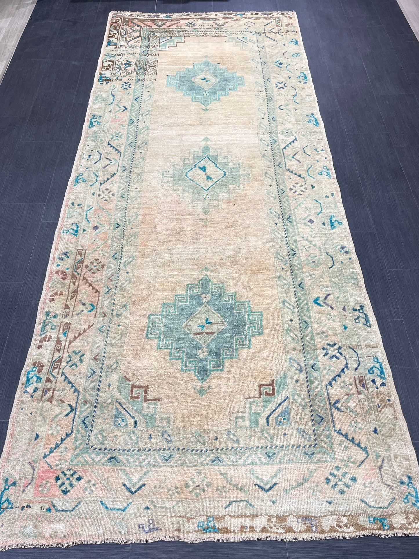 Muted Oushak Runner 4.7 x 11.5 Rug Turkish Runner Rug Faded Vintage Runner Rug Hallway Runner Rug Neutral Kitchen Runner Rug Wool Runner Rug