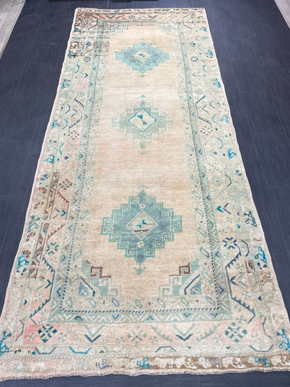 Muted Oushak Runner 4.7 x 11.5 Rug Turkish Runner Rug Faded Vintage Runner Rug Hallway Runner Rug Neutral Kitchen Runner Rug Wool Runner Rug