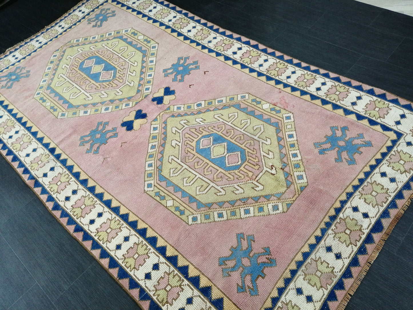 Pink and Blue Vintage RUG 9 x 6 TURKISH Rug Vintage Oushak Rug Vintage Rug Wool Oushak Rug Hand Made Rugs Vintage Turkish Rug