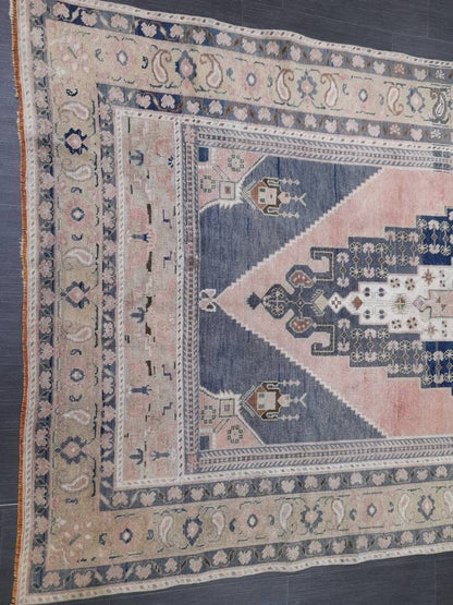 Blue and Pink Vintage Rug 5.2 x 10 Authentic Turkish Oushak Rug Hand Knotted Rug Rustic Rug, Wool Turkish Rug 5x10 Rug Oriental Rug