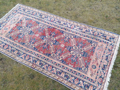 5'4x10'2 vintage handmade rug, blue turkish rug, oushak wool rug rustic unsual tribal rug retro style rug traditional turkish design