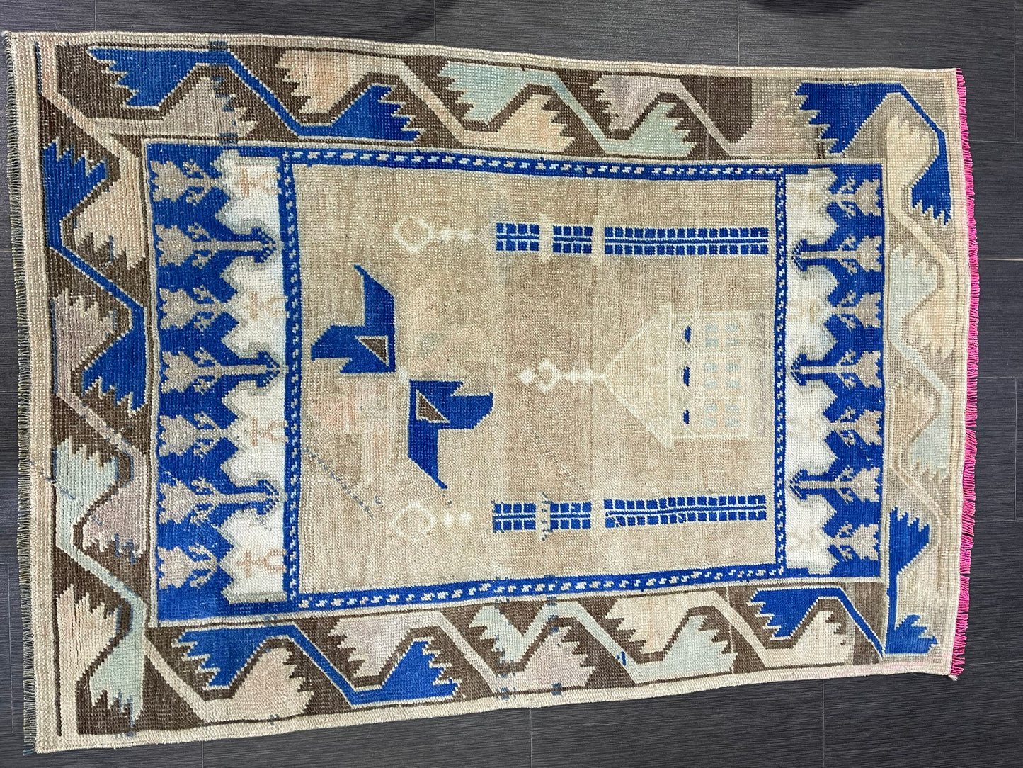Muted Rugs, Handmade 3.3 x 5 Rug, Blue Oushak Rug, Rustic Rug, Hand Knotted Turkish Rug, Farmhouse Rug, Vintage Rug, Wool rug