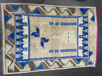 Muted Rugs, Handmade 3.3 x 5 Rug, Blue Oushak Rug, Rustic Rug, Hand Knotted Turkish Rug, Farmhouse Rug, Vintage Rug, Wool rug