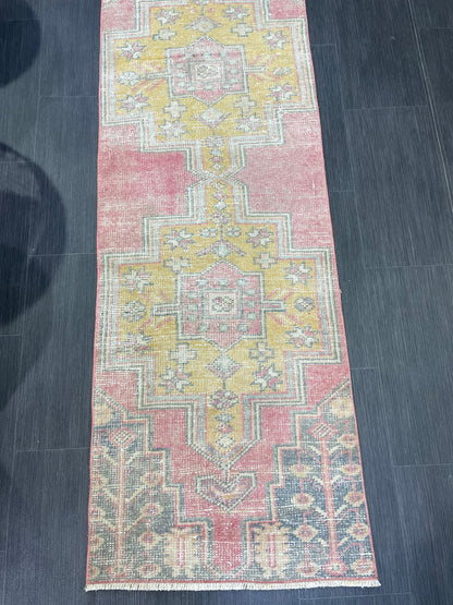 Distressed VINTAGE Rugs, Handmade 2 x 6.7 Runner Rug, Oushak Rug, Wool Rustic Runner Rug, Antique Runner Rug, Turkish Rug, Short Runner Rug,