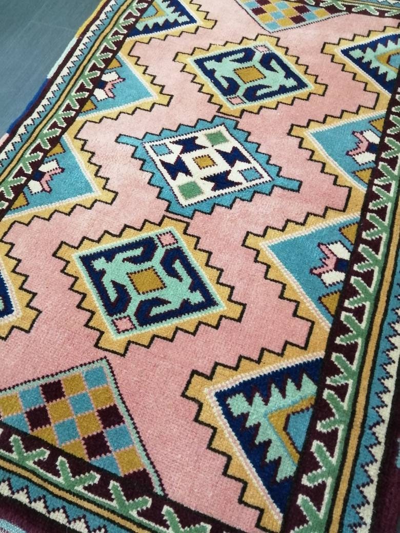 3 x 4.5 PINK AND NAVY Rug Hand Made Rug, High Pile Oushak Rug,  Boho Rug, Oriental Rug Plush Turkish Rug, Farmhouse Rug, Vintage Wool rug